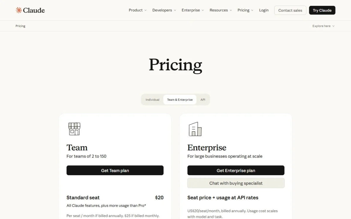 Claude pricing page on the Team and Enterprise tab, showing Team for teams of 2 to 150 with a $20 standard seat