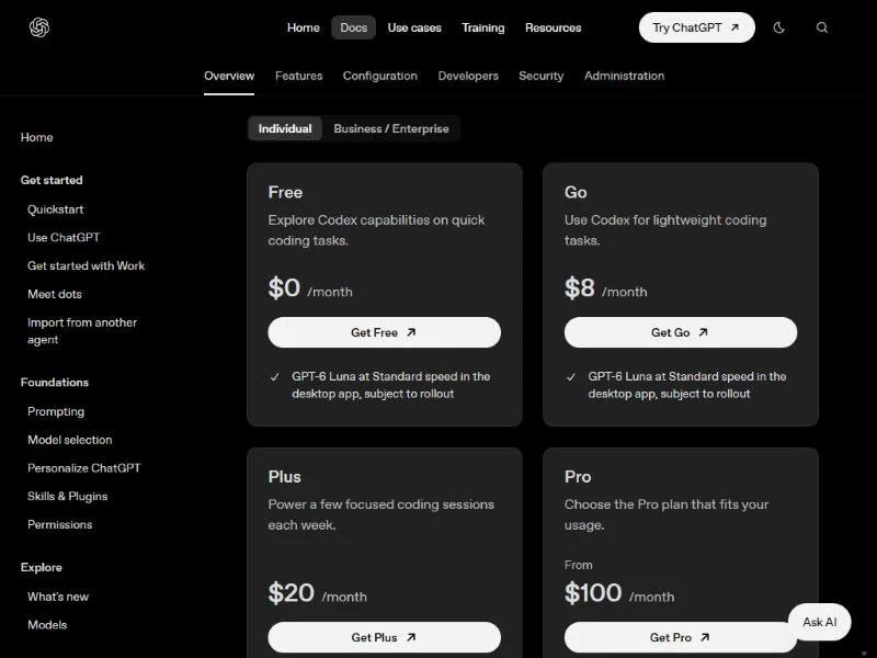 ChatGPT plan cards with Free at $0, Go at $8, Plus at $20 and Pro from $100 a month