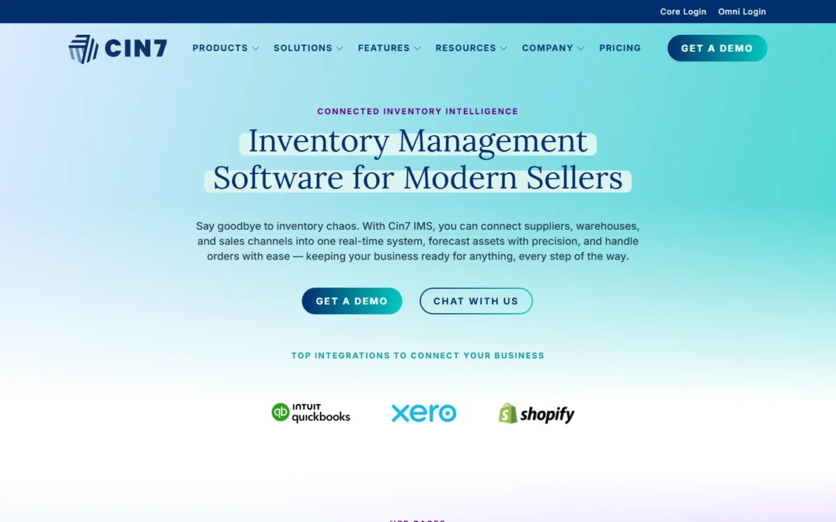 Cin7 homepage, first screen, with the headline Inventory Management Software for Modern Sellers