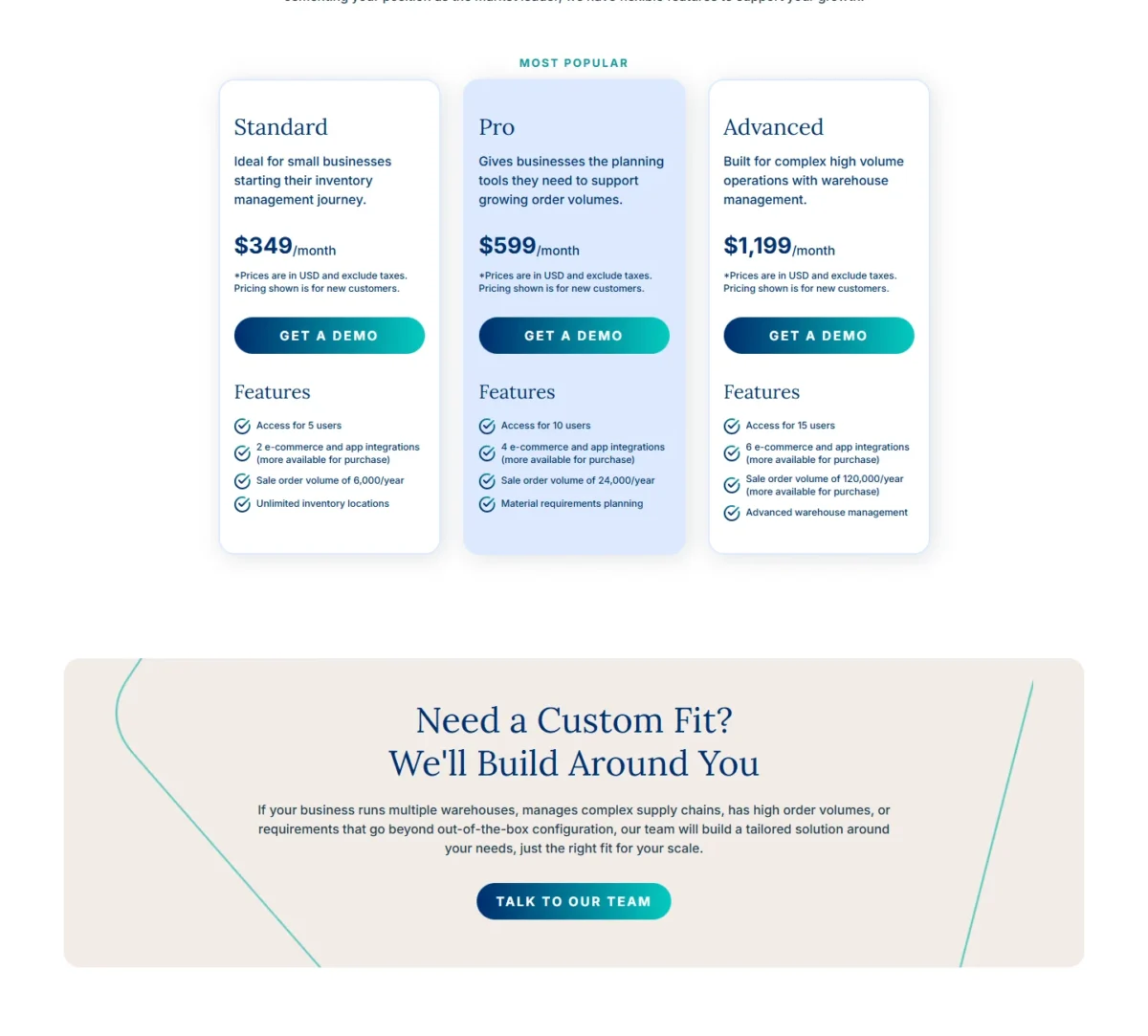 Cin7's pricing page showing Standard at $349, Pro at $599 and Advanced at $1,199 per month, with each tier's users, integrations and sale order volume