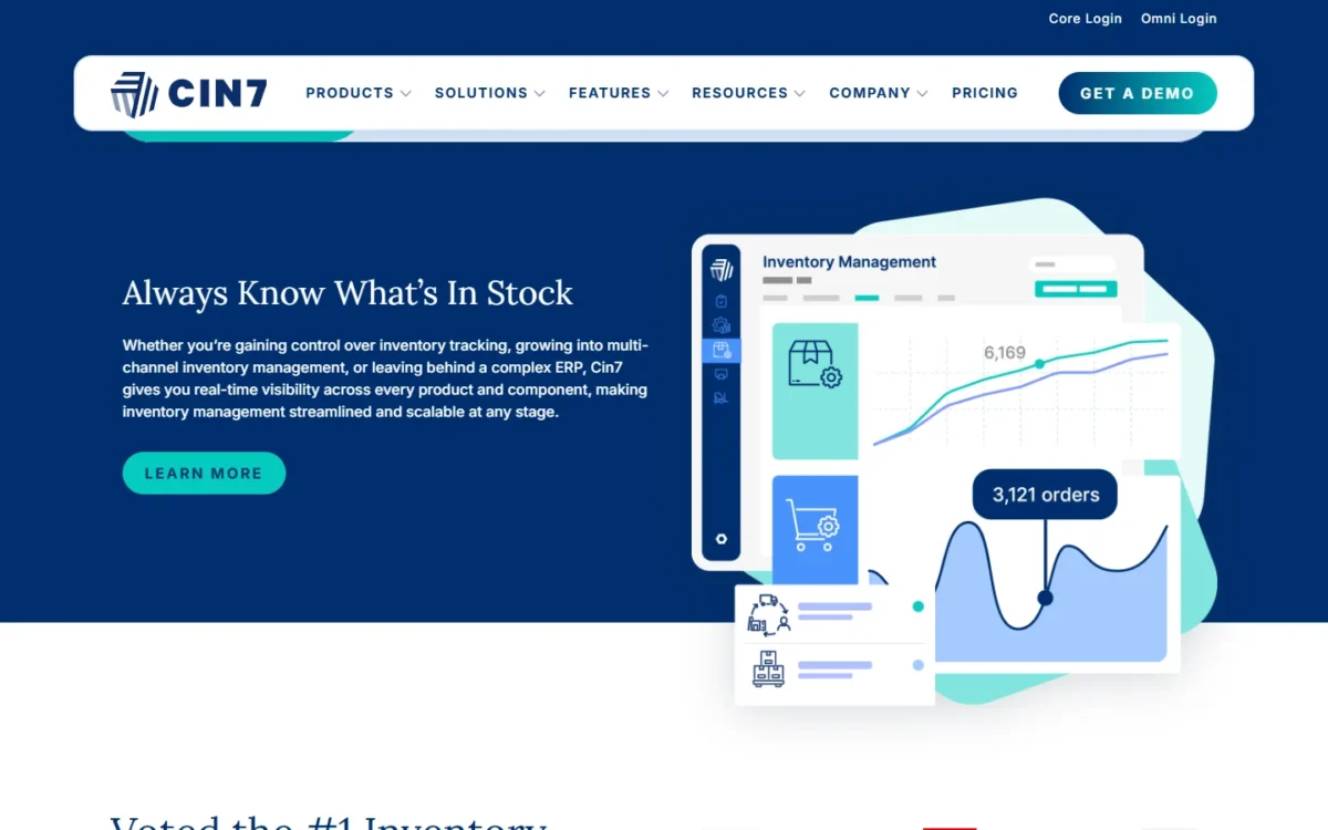Cin7 homepage section with an inventory dashboard illustration beside the headline Always Know What's In Stock