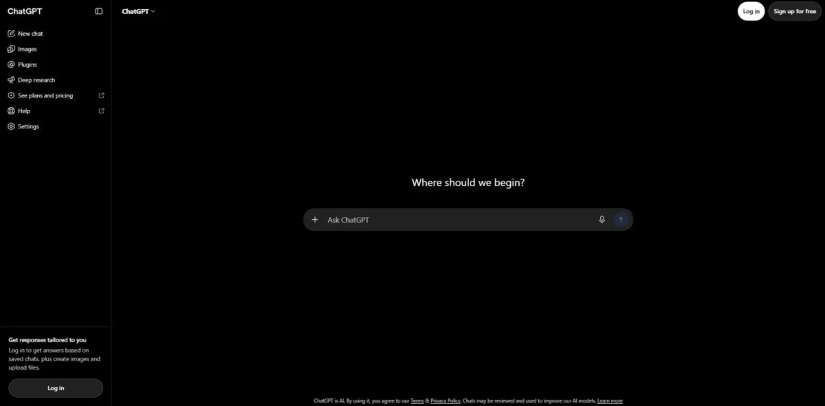 ChatGPT homepage first screen with an Ask ChatGPT box and the line Where should we begin