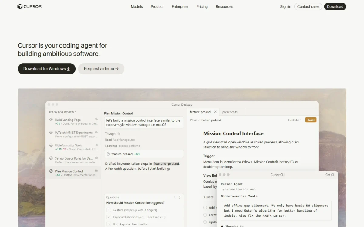 Cursor homepage first screen with the line Cursor is your coding agent for building ambitious software