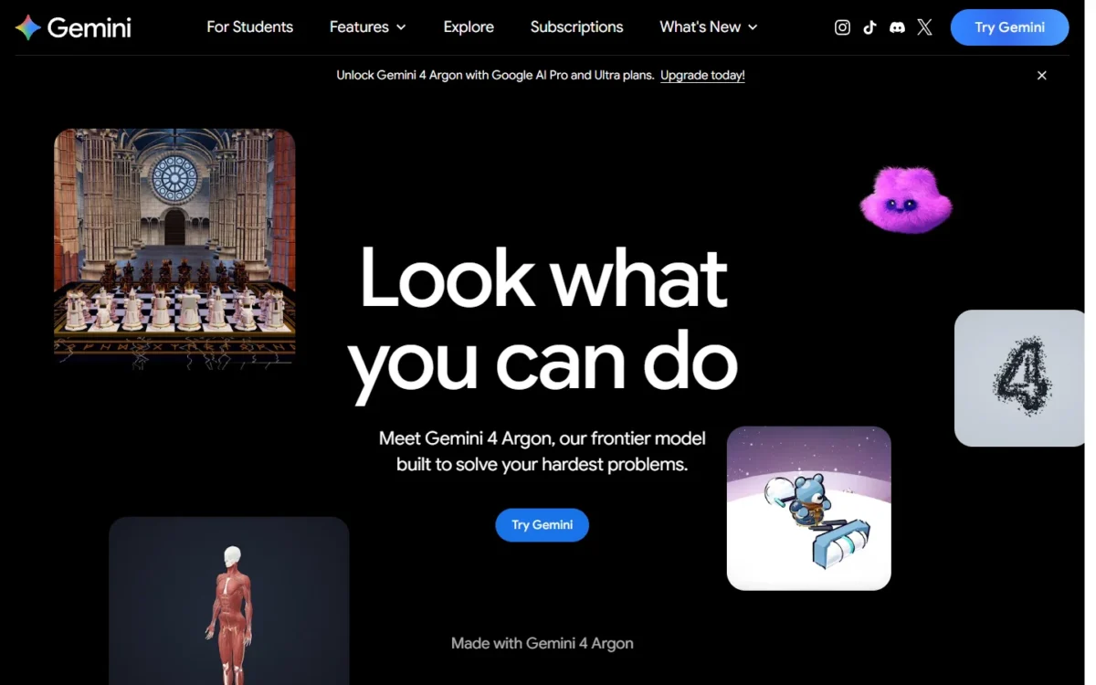 Gemini homepage first screen introducing Gemini 4 Argon with a Try Gemini button