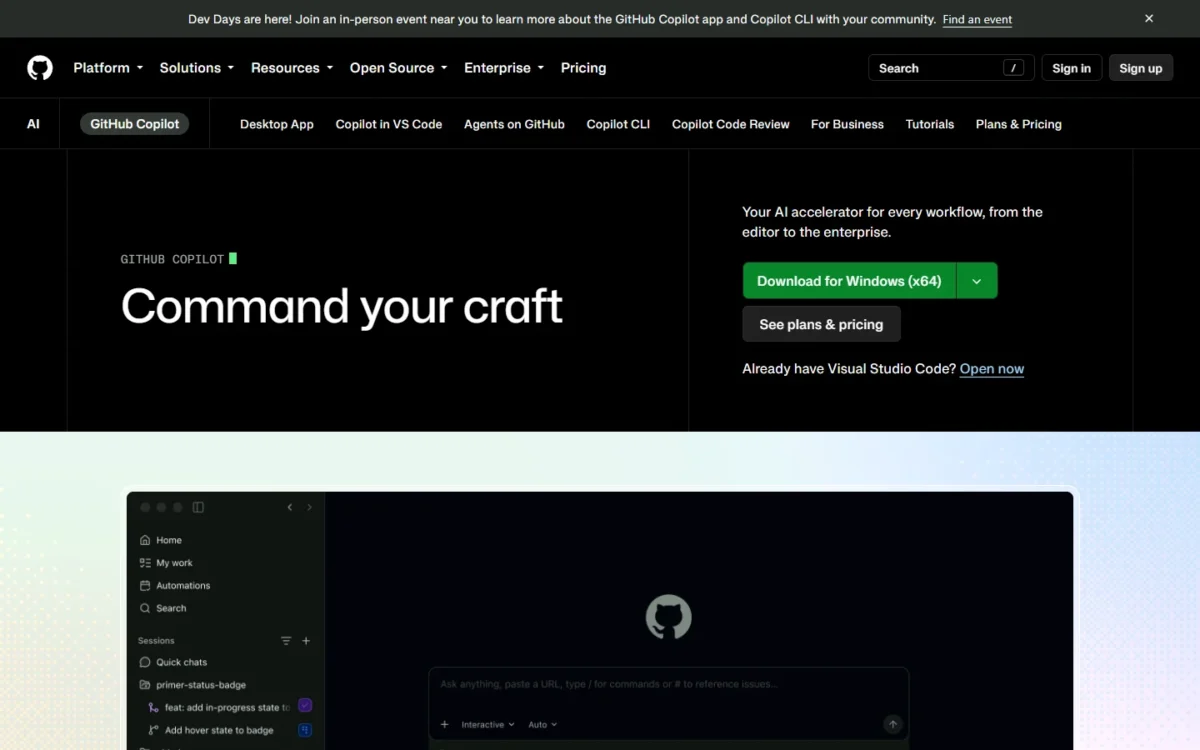 GitHub Copilot homepage first screen on github.com