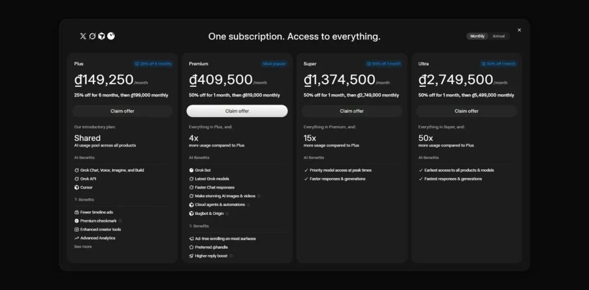 Grok plans page with Plus, Premium, Super and Ultra plans, with prices shown in Vietnamese dong