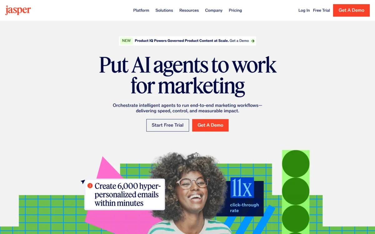 Jasper homepage first screen with the headline Put AI agents to work for marketing