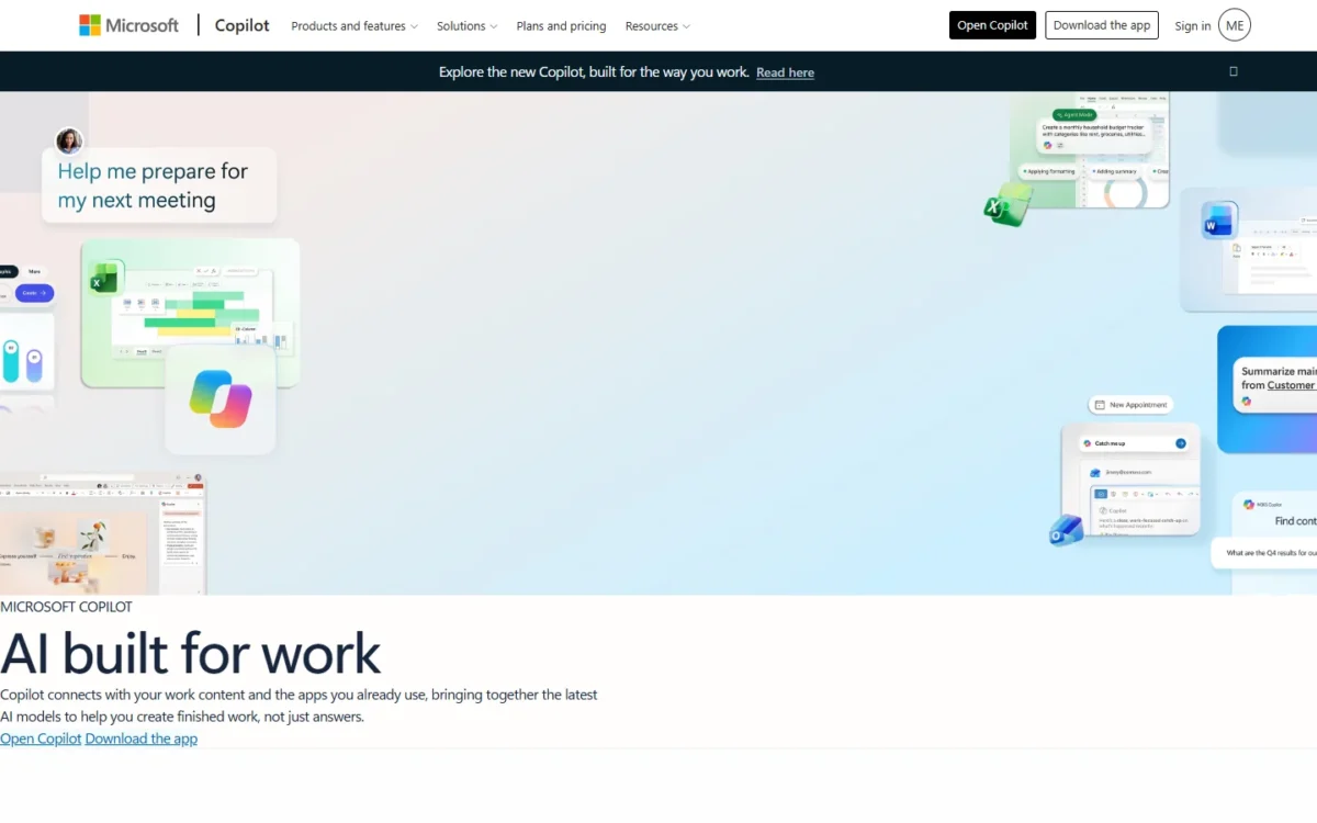 Microsoft 365 Copilot homepage first screen with the headline AI built for work