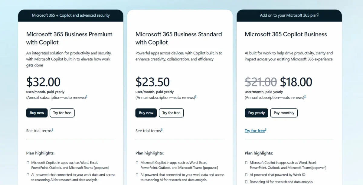 Microsoft Copilot pricing page showing Business Premium with Copilot at $32.00, Business Standard with Copilot at $23.50 and Copilot Business at $18.00, down from $21.00, per user per month paid yearly