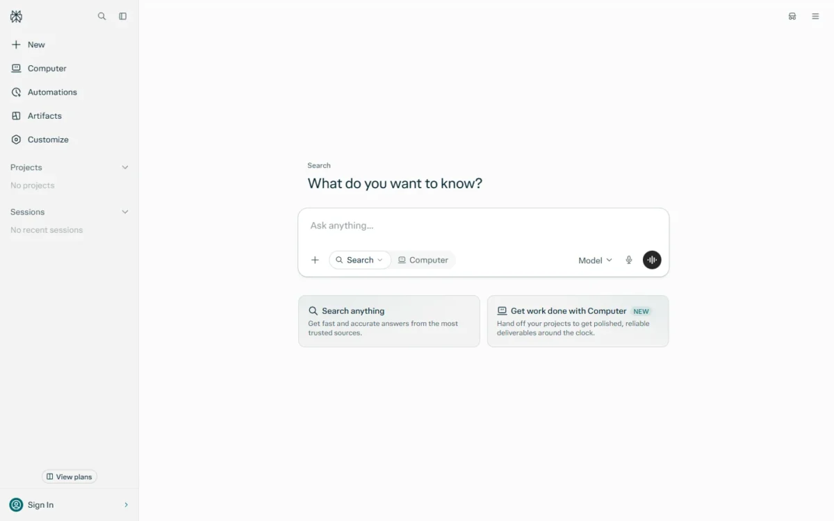 Perplexity homepage first screen with an Ask anything search box and Computer option