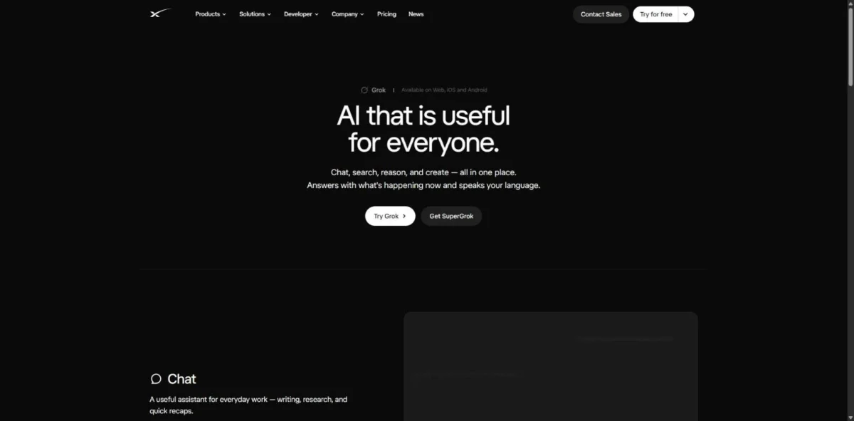 Grok homepage first screen with the headline AI that is useful for everyone and Try Grok and Get SuperGrok buttons