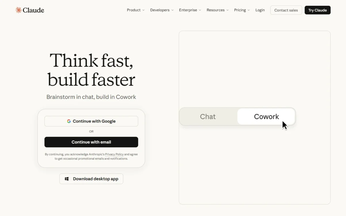 Claude homepage first screen with the headline Think fast, build faster and a Chat and Cowork toggle