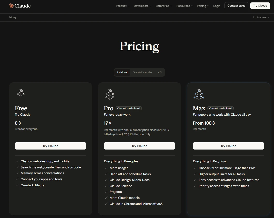 Claude pricing page seen from the US, with the Free, Pro and Max plan cards