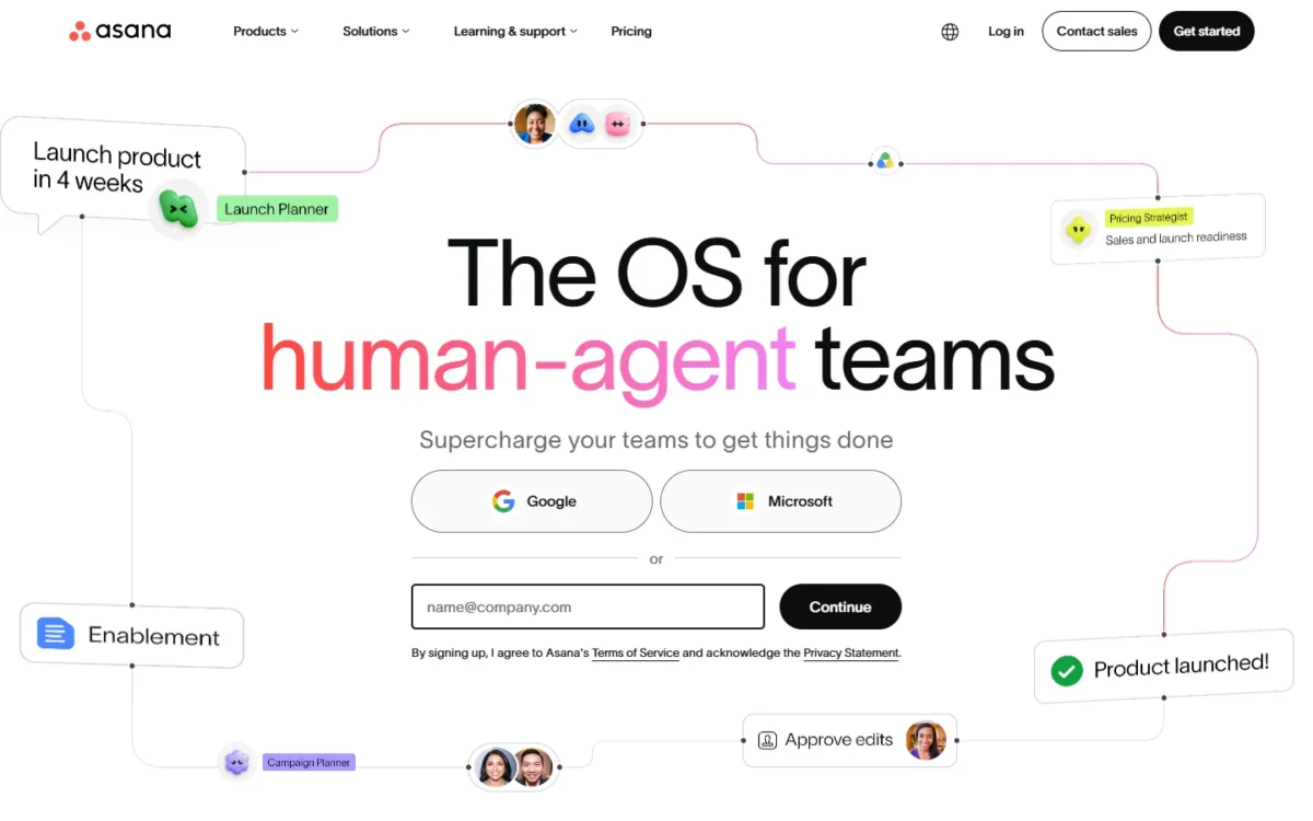 Asana homepage, first screen, with the headline The OS for human-agent teams