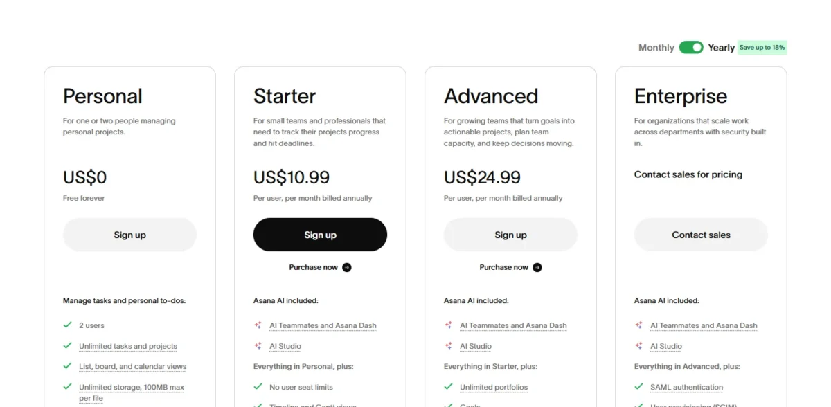 Asana pricing page with yearly billing: Personal at $0, Starter at $10.99 and Advanced at $24.99 per user per month billed annually, Enterprise through sales