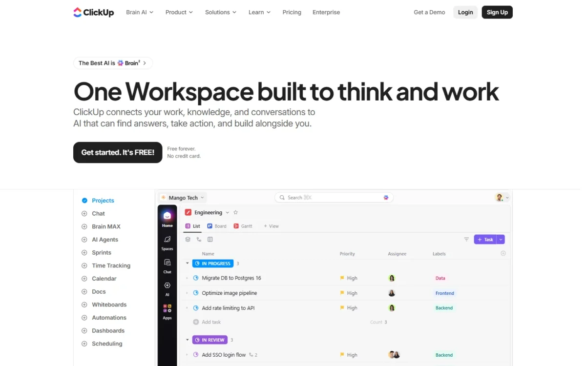 ClickUp homepage, first screen, with the headline One Workspace built to think and work