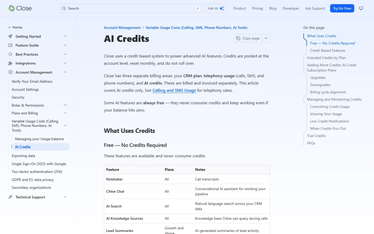 Close AI Credits help article listing the free AI features by plan