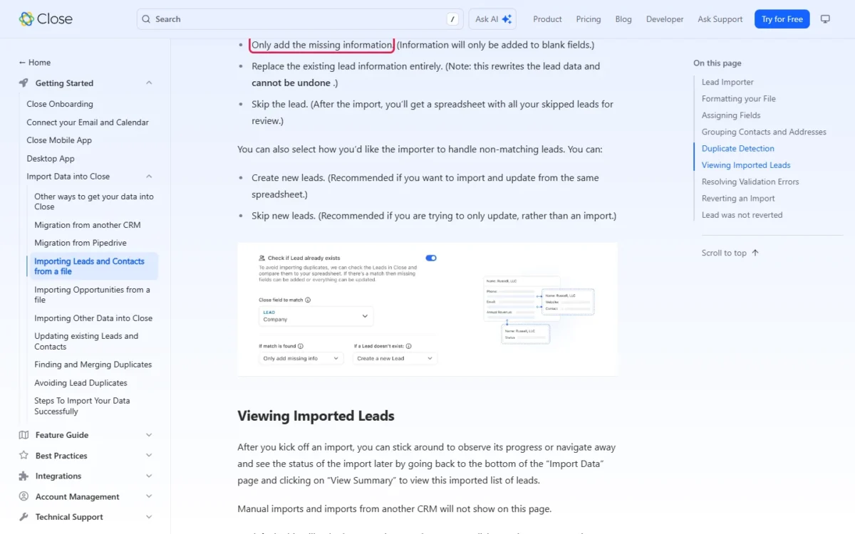 Close Lead Importer help article, duplicate options with add-missing outlined