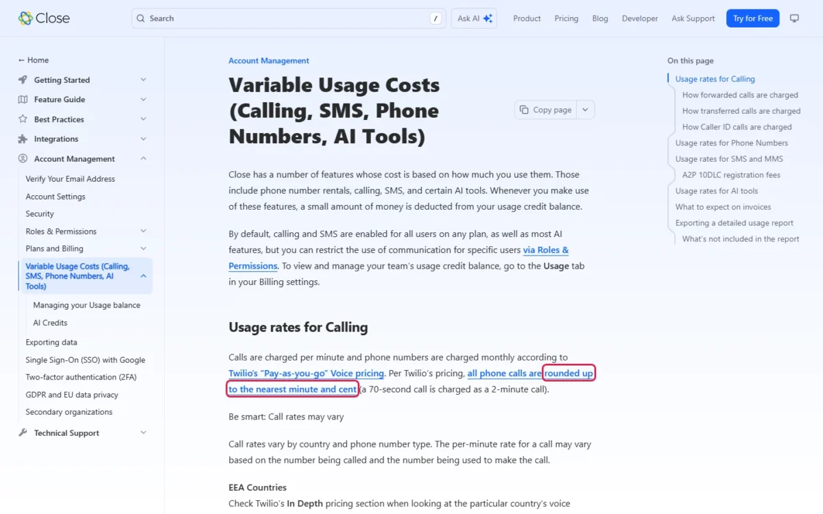 Close usage costs help article, call rounding rule outlined