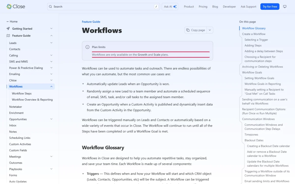 Close Workflows help article, Growth and Scale plan note outlined