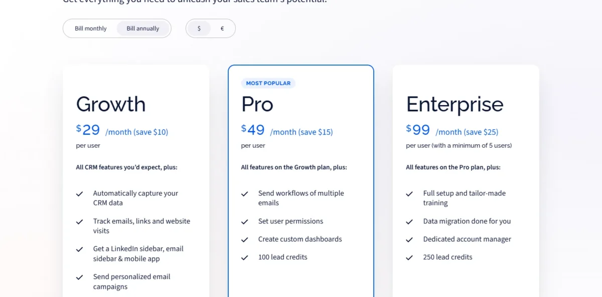 Salesflare pricing page with Growth, Pro and Enterprise plans on annual billing