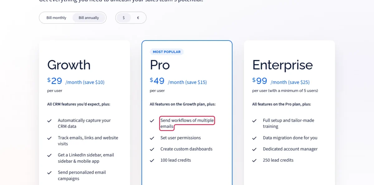 Salesflare pricing page with the Pro plan's Send workflows of multiple emails line outlined