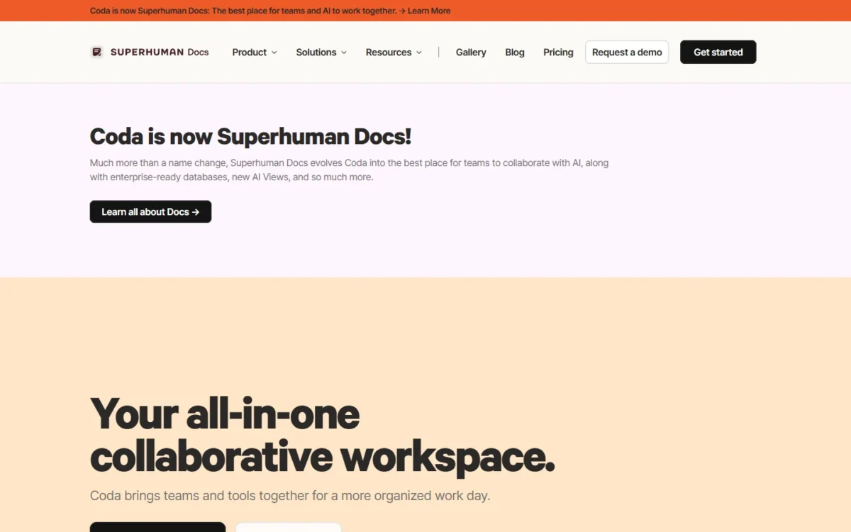 Coda homepage first screen announcing that Coda is now Superhuman Docs