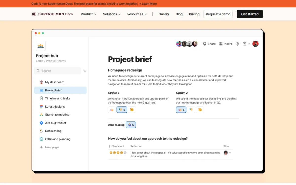 Coda homepage product screen showing a project hub and a project brief with team votes