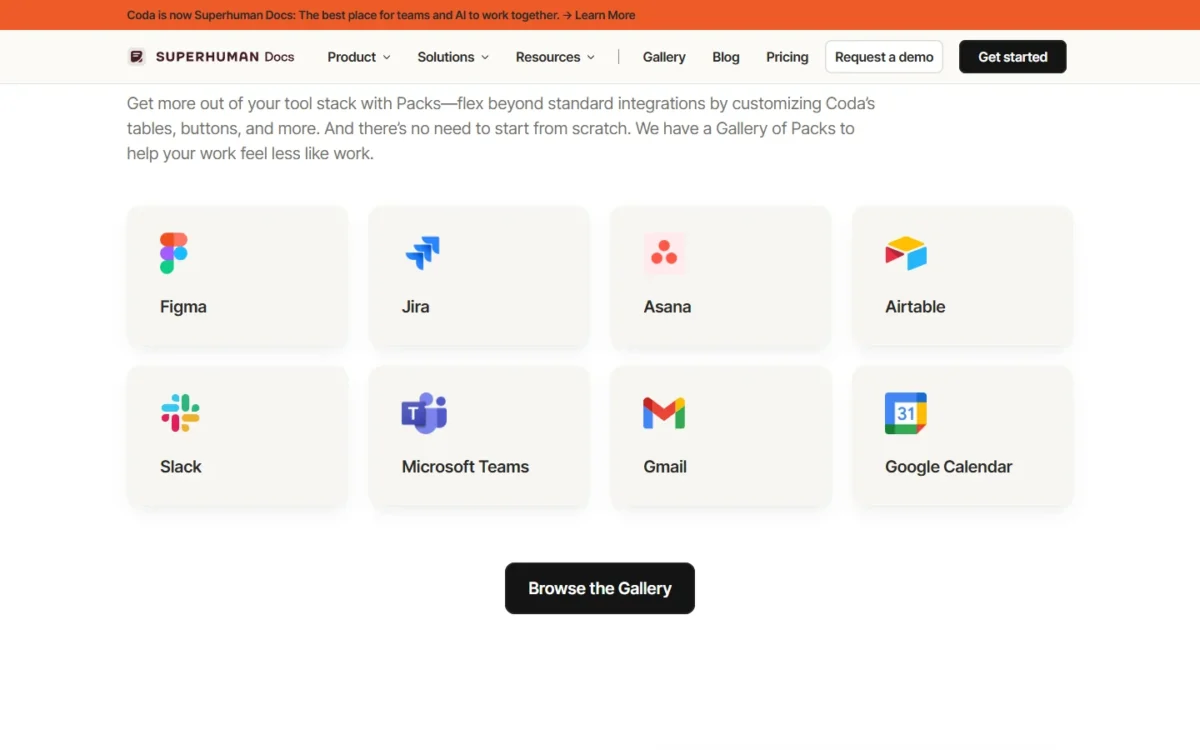 Coda Packs page with tiles for Figma, Jira, Asana, Airtable, Slack, Microsoft Teams, Gmail and Google Calendar
