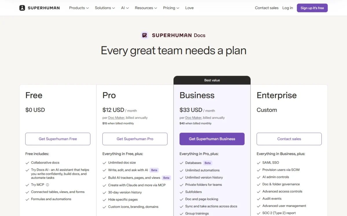 Coda pricing page with Pro at $12 and Business at $33 per Doc Maker a month, billed annually