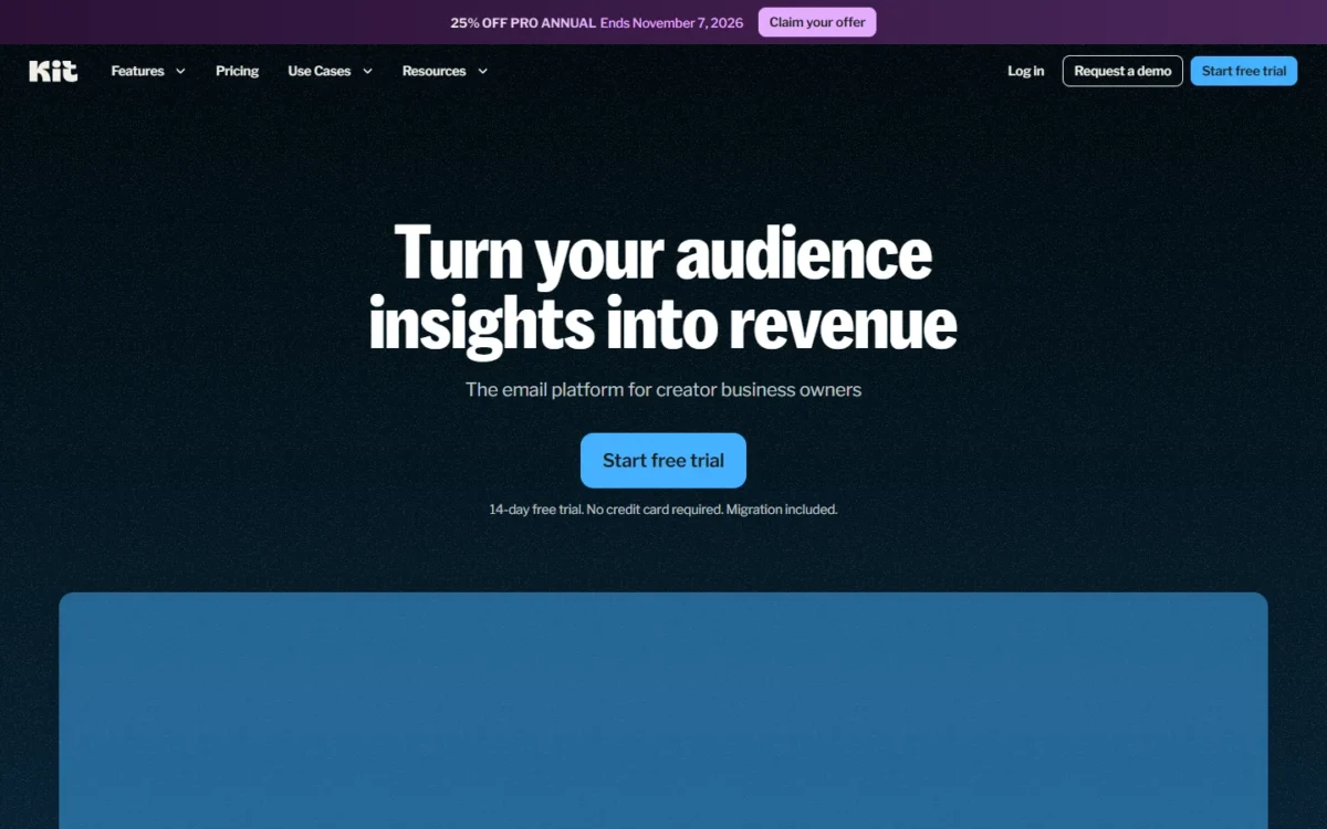 Kit homepage first screen with the headline Turn your audience insights into revenue and a Start free trial button