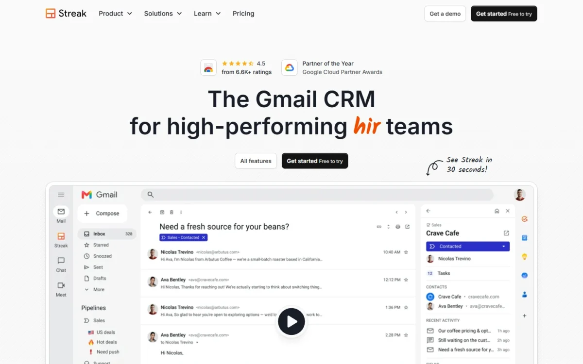Streak homepage first screen showing a Gmail inbox with Streak pipelines in the sidebar