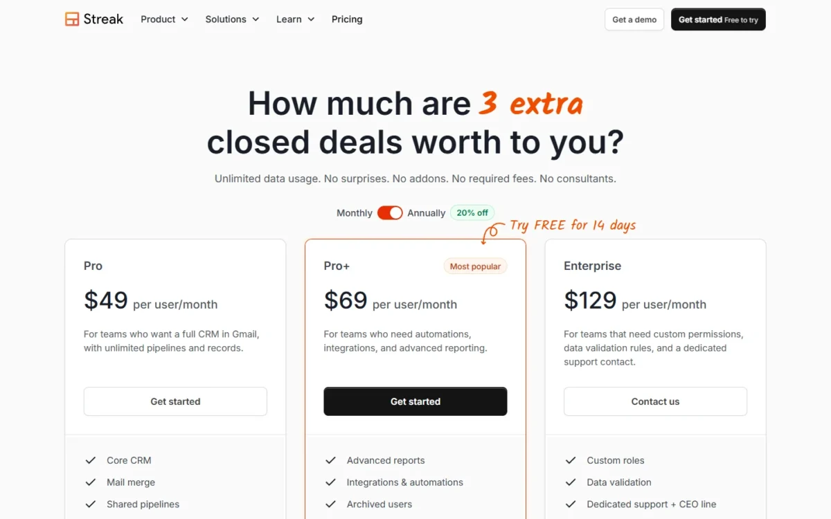 Streak pricing page with Annually selected, showing Pro at $49, Pro+ at $69 and Enterprise at $129 per user per month