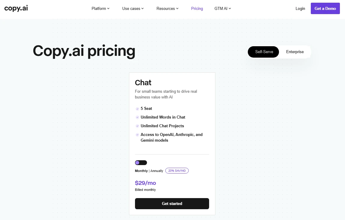 Copy.ai pricing page seen from the US, with the Chat plan billed monthly