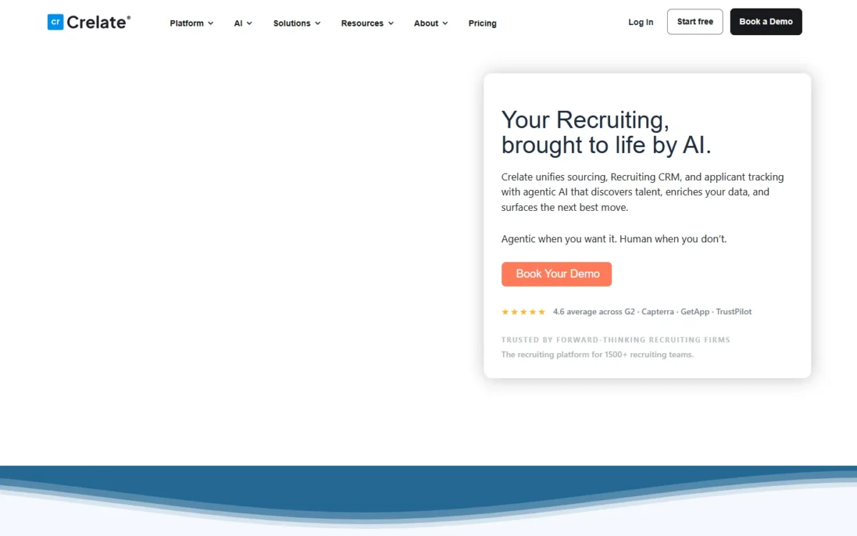 Crelate homepage, first screen, describing its AI recruiting platform