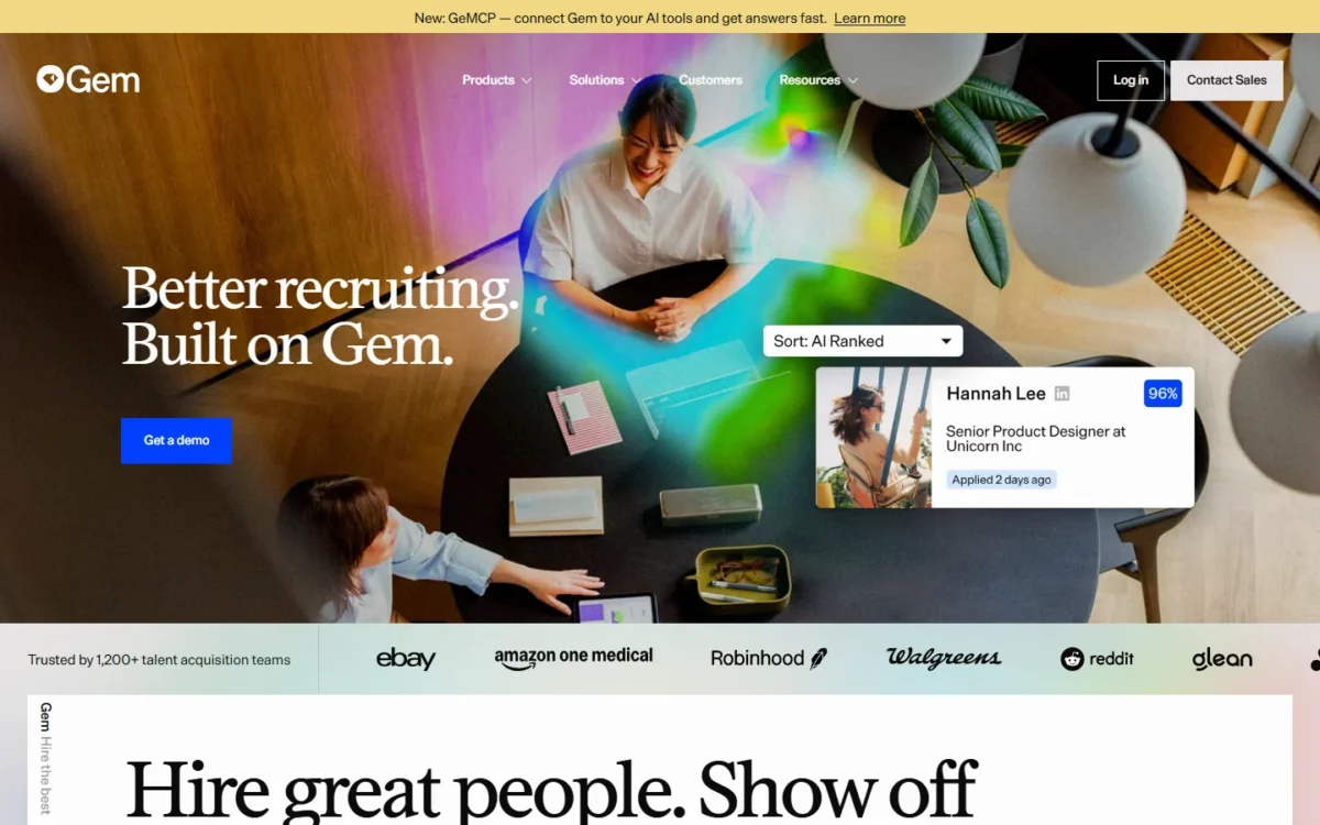 Gem homepage, first screen, with the headline Better recruiting, built on Gem