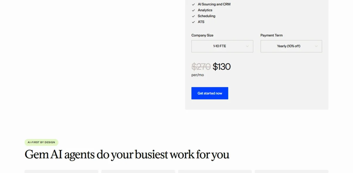 Gem pricing page startup calculator showing $130 per month for a 1-10 FTE company on yearly payment