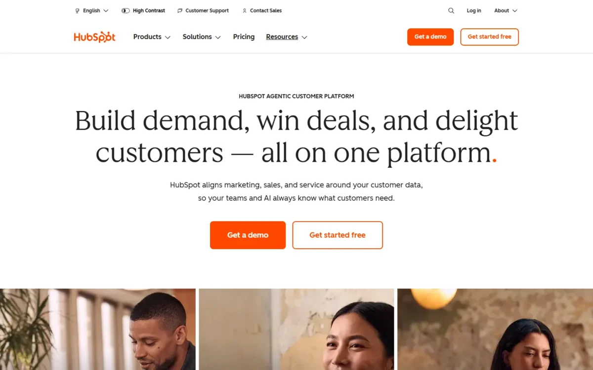 HubSpot homepage, first screen, with the headline Build demand, win deals, and delight customers