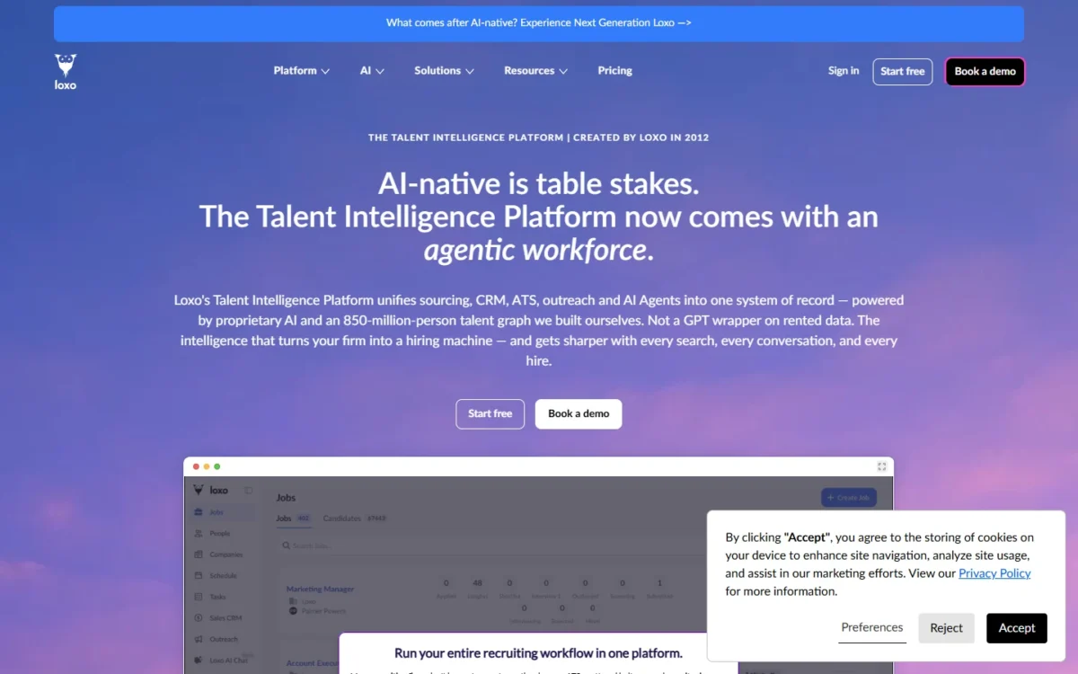 Loxo homepage, first screen, presenting its talent intelligence platform with an agentic workforce