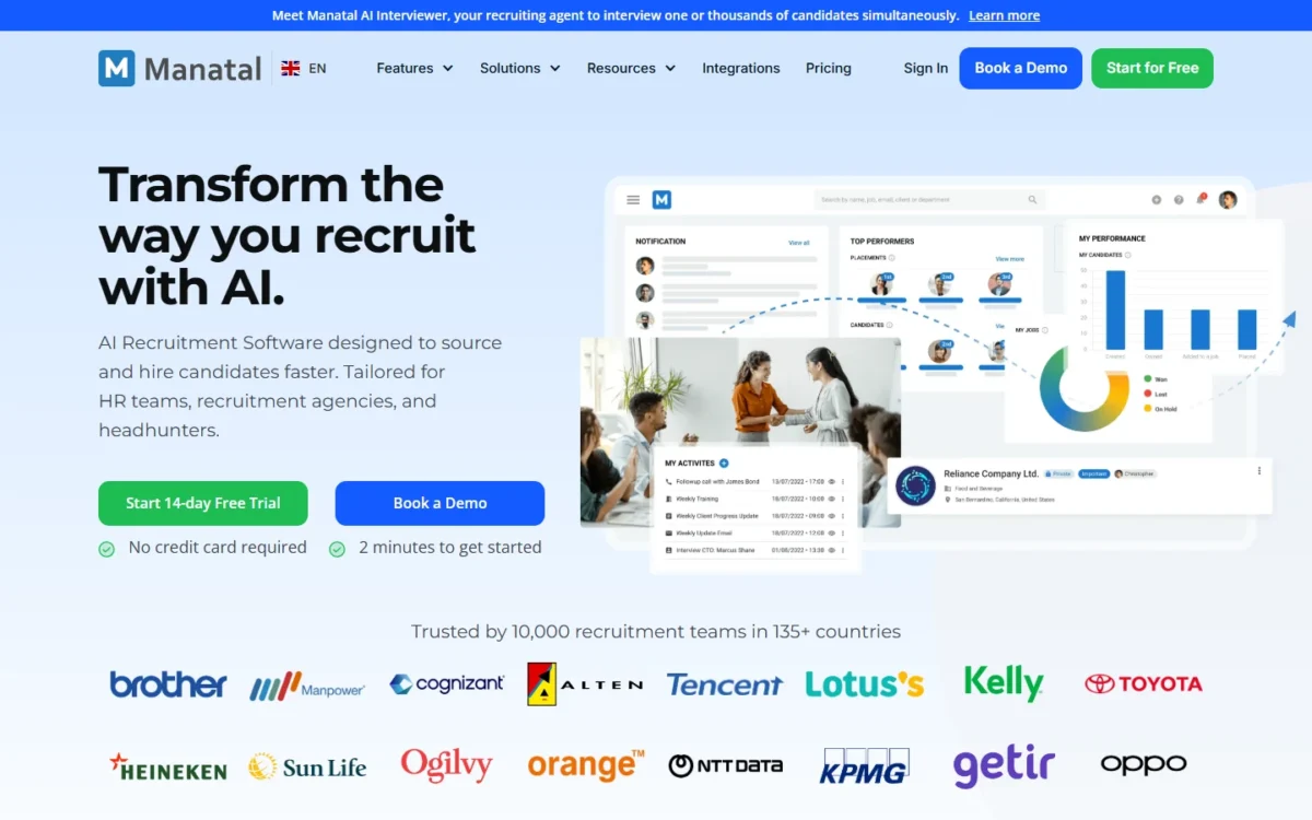 Manatal homepage, first screen, presenting AI recruitment software for HR teams, agencies and headhunters