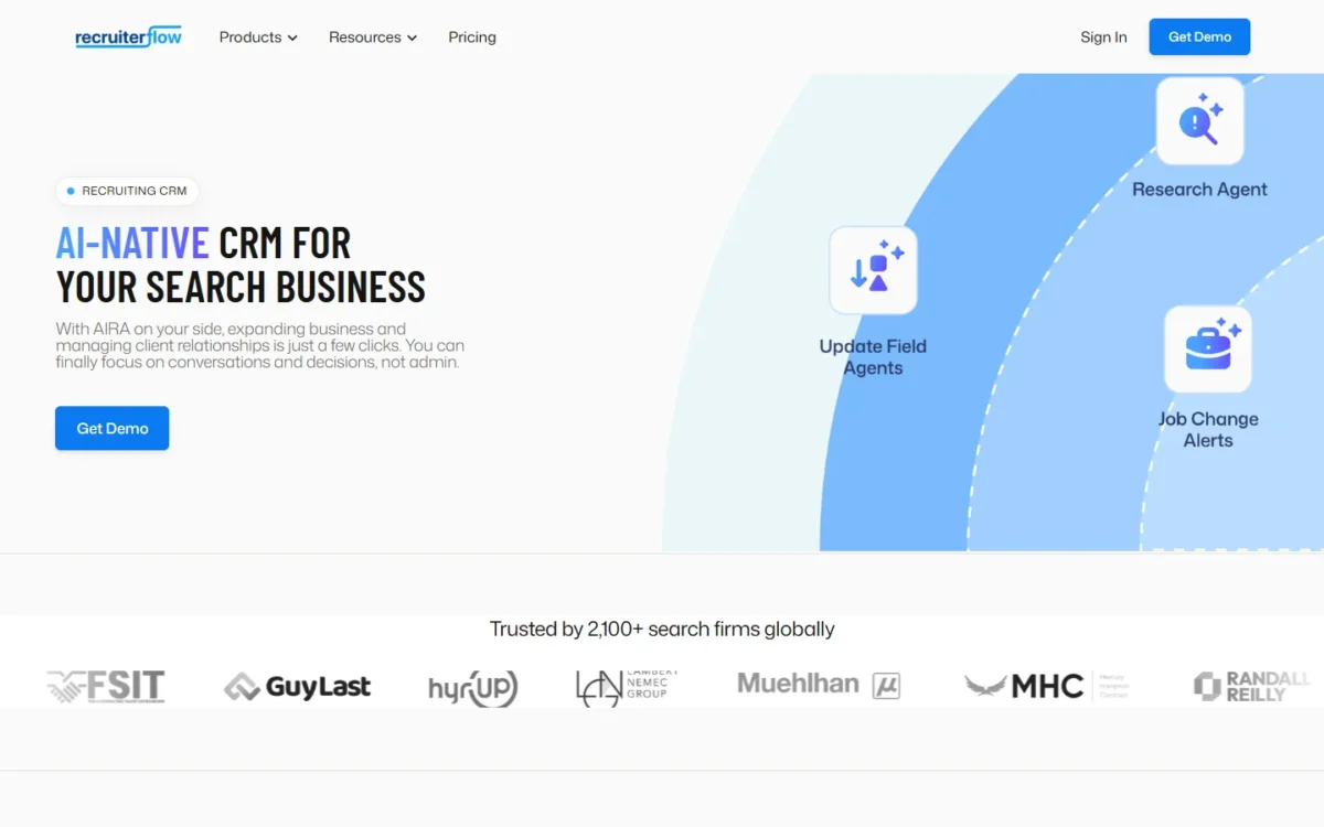 Recruiterflow recruiting CRM page describing an AI-native CRM for search businesses