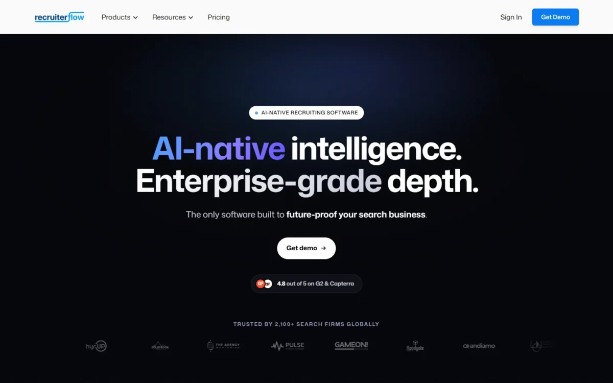 Recruiterflow homepage, first screen, with the headline AI-native intelligence and enterprise-grade depth