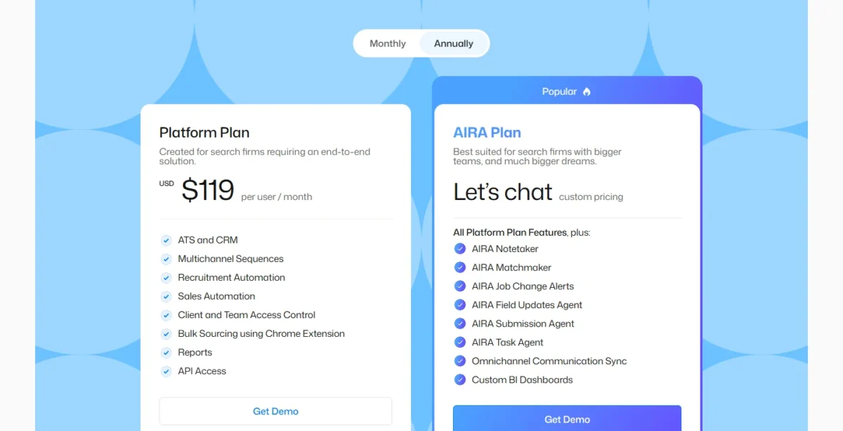 Recruiterflow pricing page with the Platform Plan at USD $119 per user per month and the AIRA Plan at custom pricing