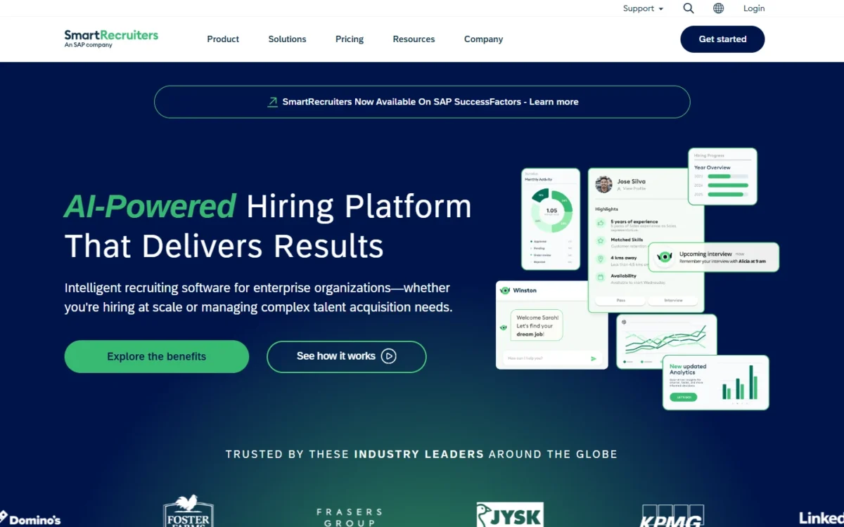 SmartRecruiters homepage, first screen, presenting an AI-powered hiring platform for enterprise organizations