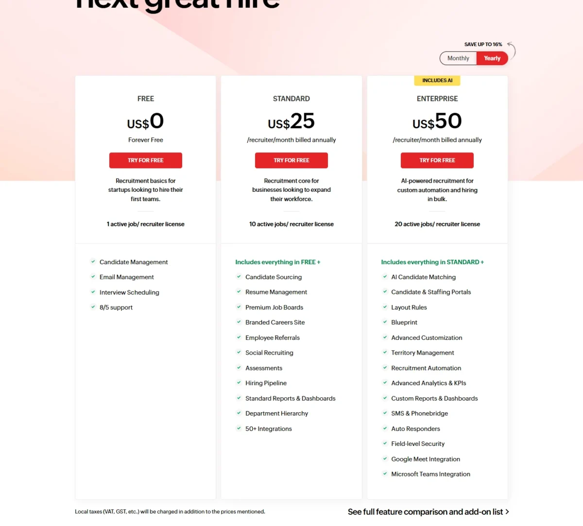 Zoho Recruit pricing page with Free at US$0, Standard at US$25 and Enterprise at US$50 per recruiter per month billed annually