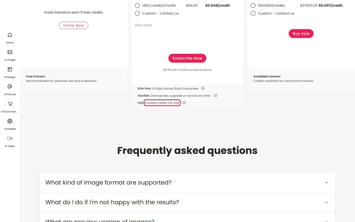 Cutout.Pro pricing page with the line about unused credits rolling over outlined