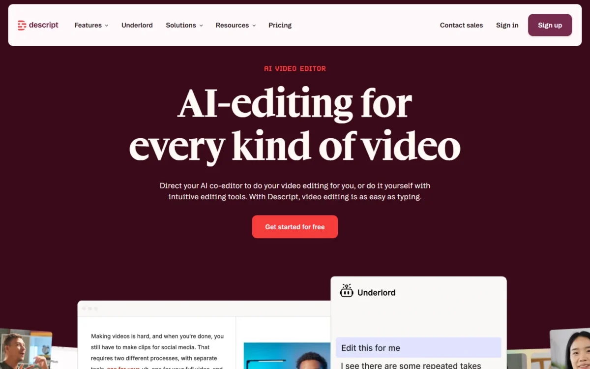 Descript homepage first screen introducing its AI video editor