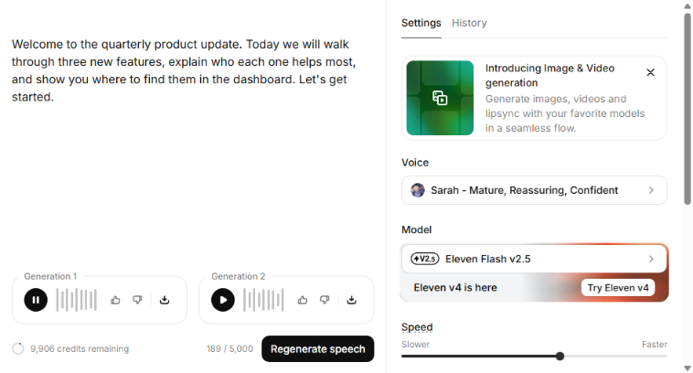 ElevenLabs Text to Speech editor in our test account with two takes of the same script on Eleven Flash v2.5 and 9,906 credits remaining
