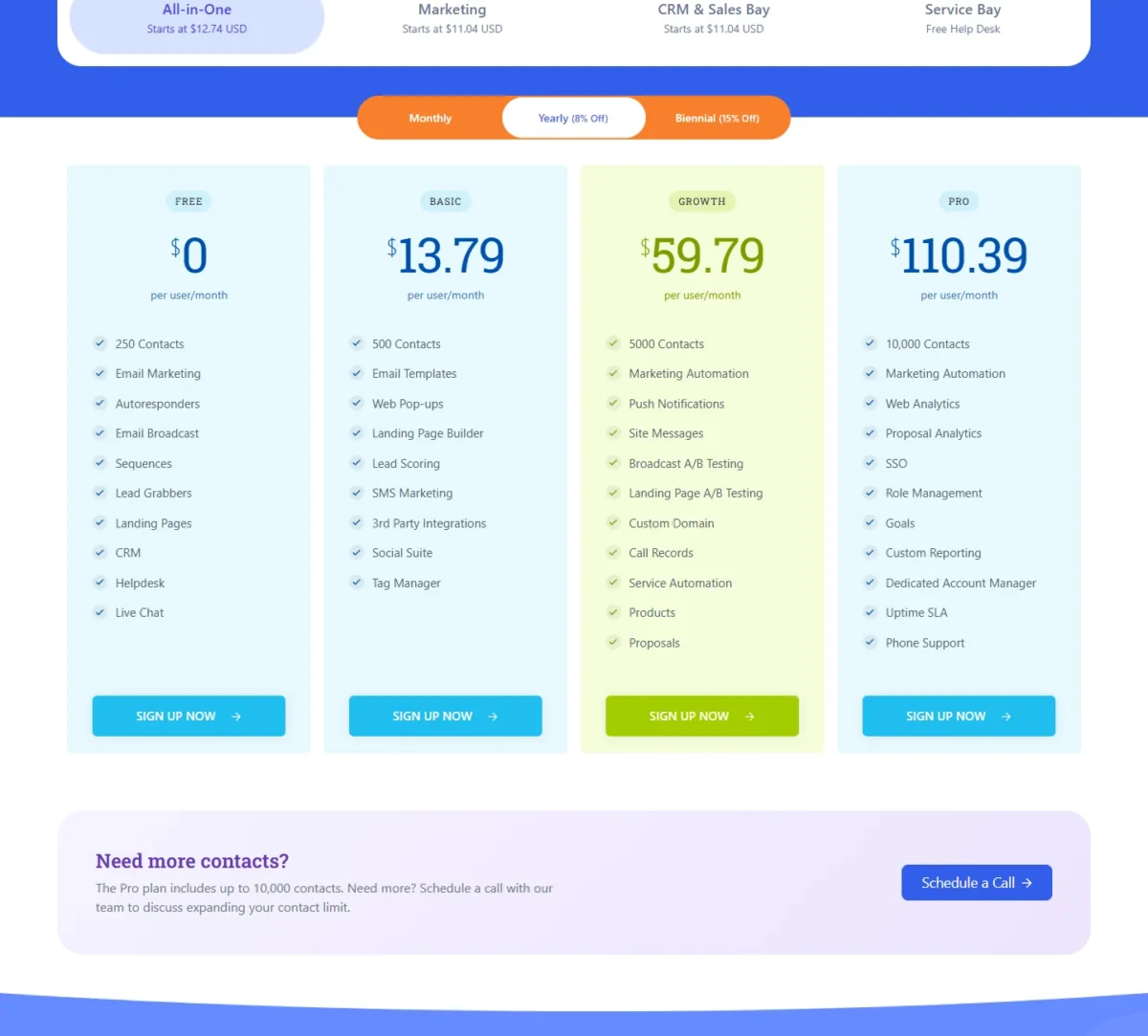 EngageBay pricing page on the Yearly toggle with Free, Basic, Growth and Pro plan cards