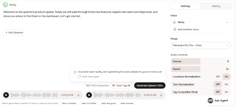 Fish Audio Text to Speech editor in our test account with the 189-character script, 189 / 500 characters and two 0:08 takes on Fish Audio S2.1 Pro